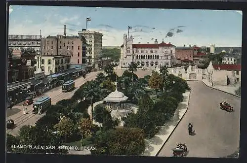AK San Antonio, Texas, Alamo Plaza, Strassenbahn