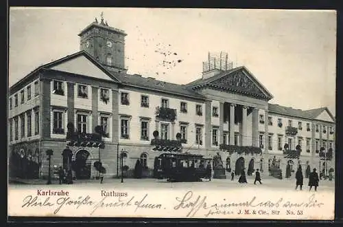 AK Karlsruhe, Strassenbahn am Rathaus