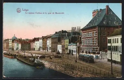 AK Liège, La maison Curtius et le quai de Maestricht, Strassenbahn