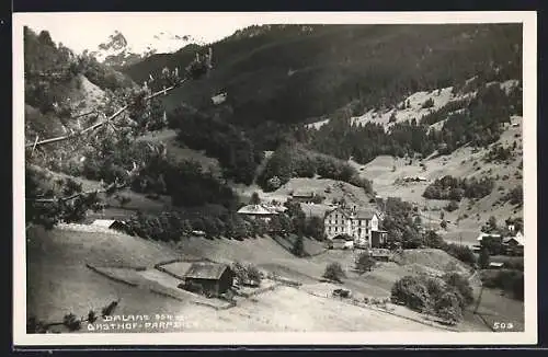 AK Dalaas, Gasthof-Paradies aus der Vogelschau