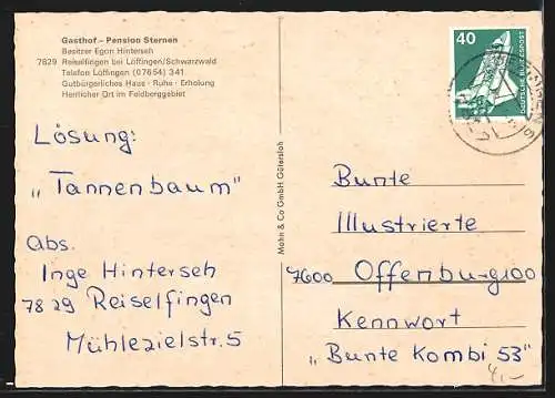 AK Reiselfingen bei Löffingen, Gasthof und Pension Sternen, Inh. Egon Hinterseh