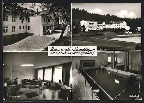 AK Cham-Windischbergerdorf, Bayerwald-Sanatorium, Hauseingang, Sanatorium, Musikzimmer, Hallenbad