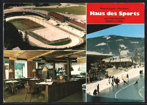 AK Inzell /Obb., Restaurant-Pension Haus des Sports am Eisstadion, Innenansicht und Eislaufbahn