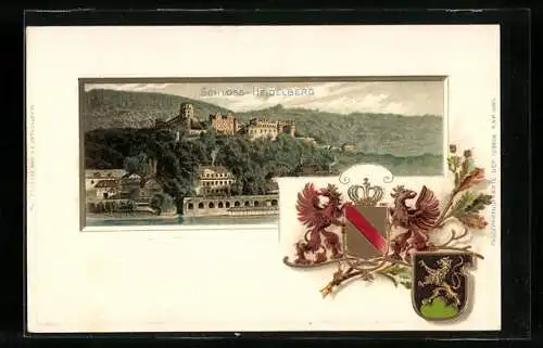 Passepartout-Lithographie Heidelberg, Ansicht des Heidelberger Schloss, Wappen