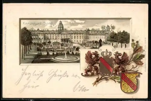 Passepartout-Lithographie Karlsruhe, Schloss und Wappen