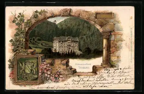 Passepartout-Lithographie Triberg, Blick zum Schwarzwaldhotel, Wappen