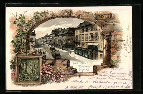 Passepartout-Lithographie Karlsruhe, Kaiserstrasse und Wappen, Strassenbahn