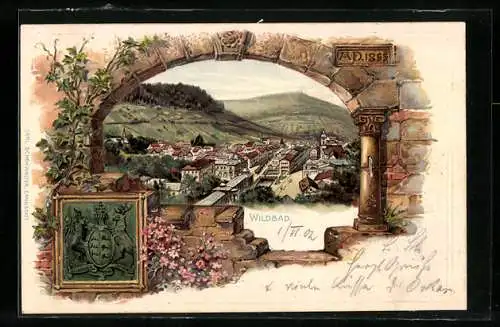 Passepartout-Lithographie Bad Wildbad, Panorama & Wappen