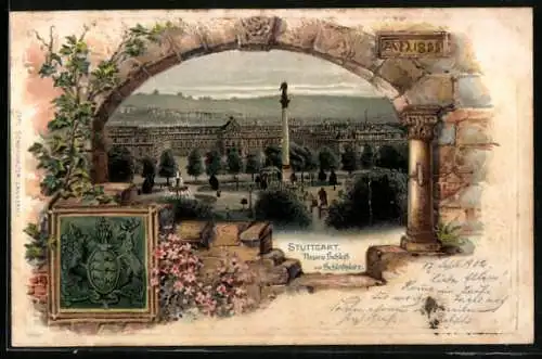 Passepartout-Lithographie Stuttgart, Neues Schloss mit Schlossplatz, Wappen und Torbogen