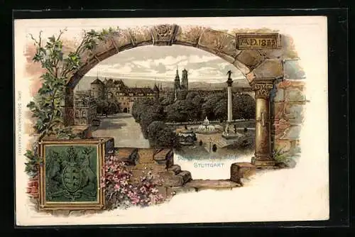 Passepartout-Lithographie Stuttgart, Schlossplatz mit altem Schloss, Wappen