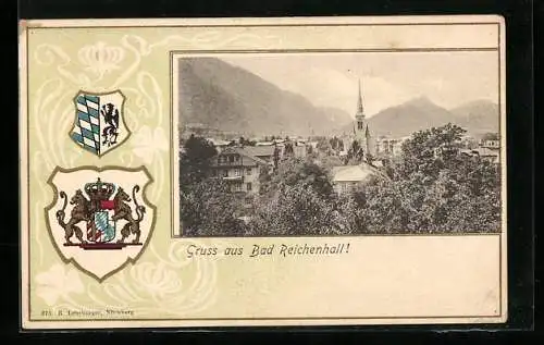 Passepartout-Lithographie Bad Reichenhall, Ortsansicht mit Kirche, Wappen