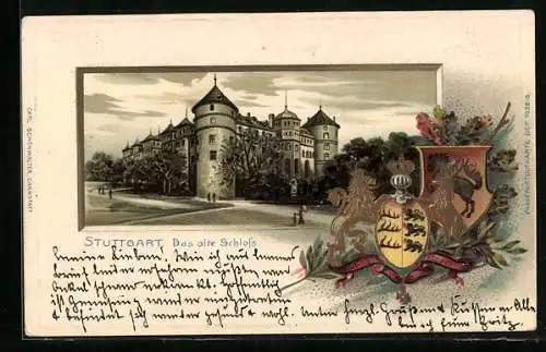Passepartout-Lithographie Stuttgart, Altes Schloss, Wappen und Eichenlaub