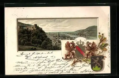 Passepartout-AK Heidelberg, Totalansicht mit Burg, Wappen