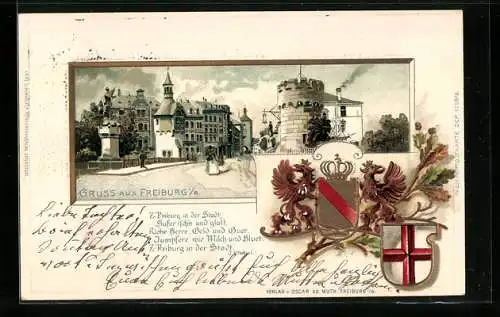 Passepartout-Lithographie Freiburg i. B., Strasse am Stadteingang und Wappen mit Goldverzierungen
