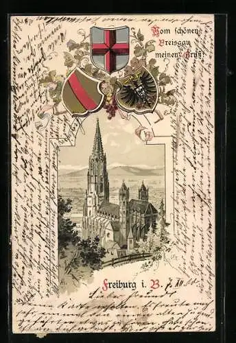 Passepartout-Lithographie Freiburg i. B., Münster von oben, Stadtwappen