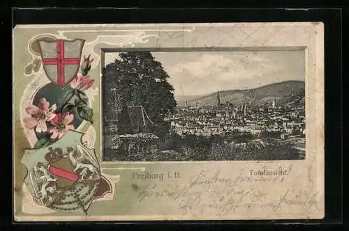 Passepartout-Lithographie Freiburg i. B., Totalansicht mit Kirche, Wappen und Blumen