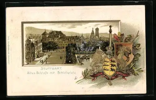 Passepartout-Lithographie Stuttgart, Altes Schloss mit Schlossplatz und Wappen