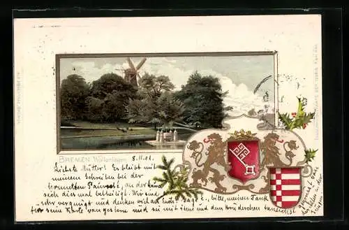 Passepartout-Lithographie Bremen, Wallanlagen, Mühle, Wappen