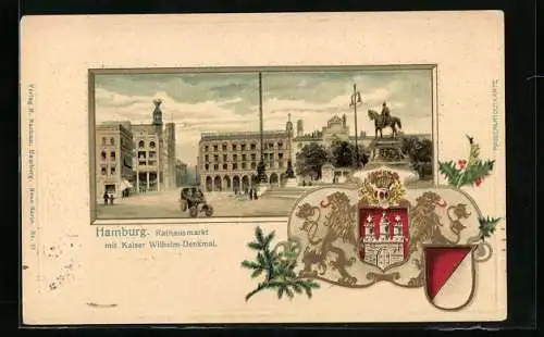 Passepartout-Lithographie Hamburg, Rathausmarkt mit Kaiser Wilhelm-Denkmal, Wappen