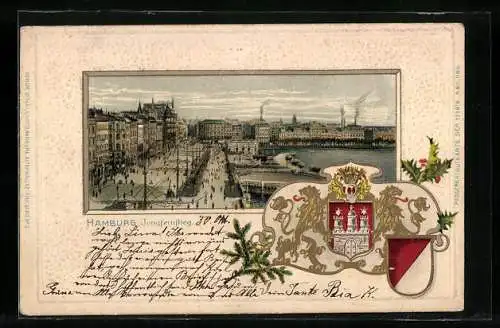 Passepartout-Lithographie Hamburg-Neustadt, Jungfernstieg mit Booten, Wappen