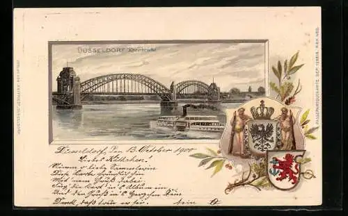 Passepartout-Lithographie Düsseldorf, Blick zur Rheinbrücke, Dampfer, Wappen