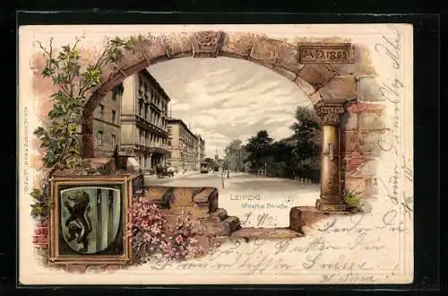 Passepartout-Lithographie Leipzig, Goethe Strasse, Wappen