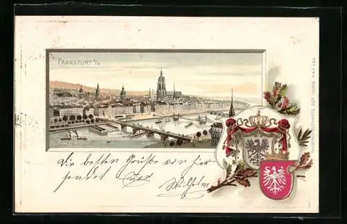 Passepartout-Lithographie Frankfurt /Main, Panorama mit den Mainbrücken, Wappen