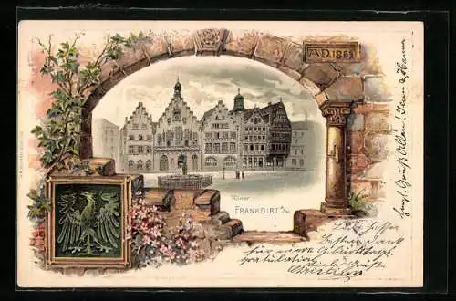 Passepartout-Lithographie Alt-Frankfurt, Ansicht der Römer, Wappen, Blick durch ein Burgfenster
