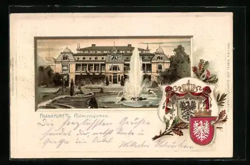 Passepartout-Lithographie Frankfurt-Westend, Palmengarten, Wappen und Eichenzweig