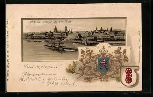 Passepartout-Lithographie Mainz, Dampfer auf dem Rhein, Blick auf die Stadt, Wappen