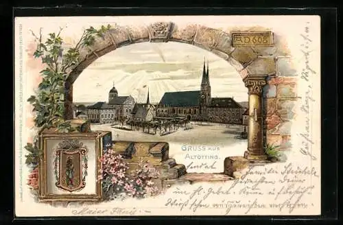 Passepartout-Lithographie Altötting, Ortspartie und Wappen