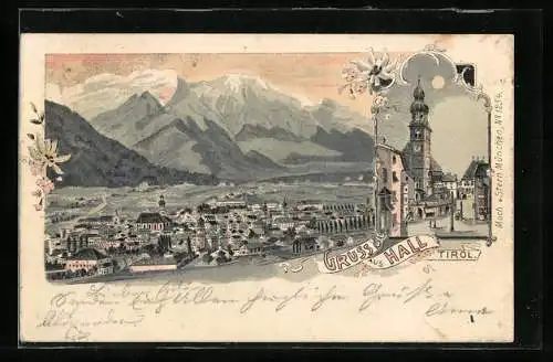Lithographie Hall /Tirol, Ortsansicht mit Kirche bei Vollmond