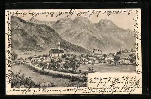 AK Absam, Ortsansicht mit Kirche gegen die Bergspitzen