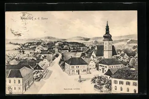 Künstler-AK Kronstorf a. d. Enns, Ortsansicht mit Kirche aus der Vogelschau