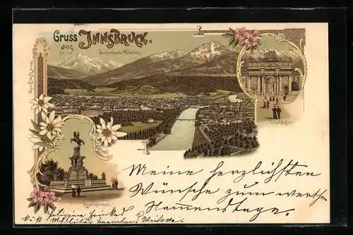 Lithographie Innsbruck, Leopoldsbrunnen, Triumphpforte, Blick auf die Stadt