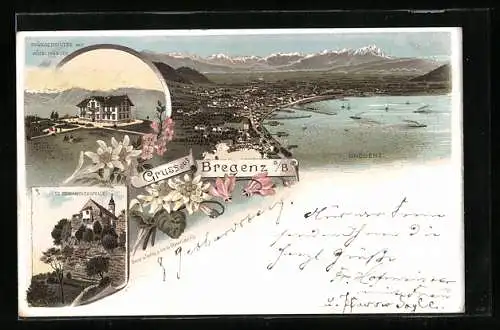 Lithographie Bregenz a/B., Ansichten Pfänderspitze mit Hotel Pfänder und St. Gebhardskapelle