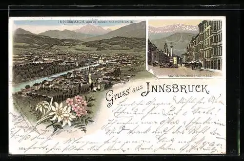 Lithographie Innsbruck, Gesamtansicht, Blick in die Maria Theresienstrasse