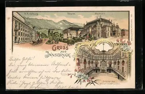 Lithographie Innsbruck, K. K. Hofburg, Theater und Stadtsäle, Innenansicht des grossen Stadtsaales