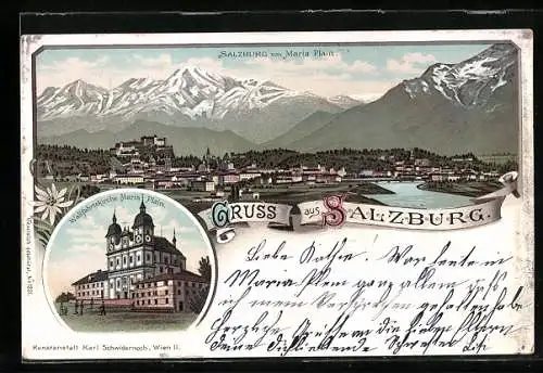 Lithographie Salzburg, Wallfahrtskirche Maria Plain, Ortsansicht von der Kirche aus