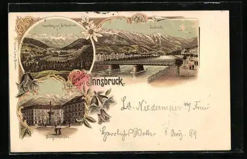 Lithographie Innsbruck, Margarethenplatz, Unterberg mit Stefansbrücke, Innbrücke