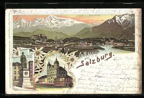 Lithographie Salzburg, Stadtansicht von Maria Plein, Mozart-Denkmal, Wallfahrtskirche Maria Plain