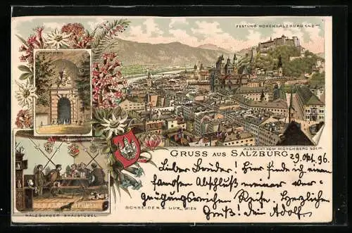 Lithographie Salzburg, Blick vom Mönchberg auf Hohensalzburg, Neuthor