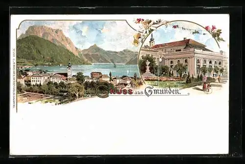 Lithographie Gmunden, Ortsansicht mit Kirche, Gartenpartie