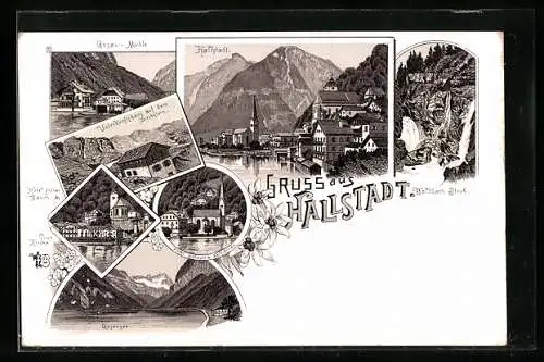 Lithographie Hallstatt, Hotel grüner Baum und Prot. Kirche, Hotel Seeauer und kath. Kirche
