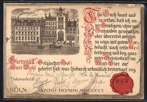 Lithographie Köln, Gasthaus und Hotel-Restaurant Bierstall, Belgischer Hof