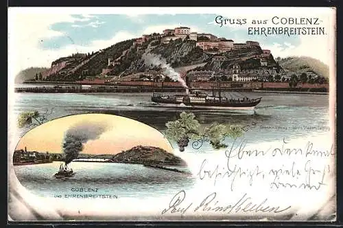 Lithographie Coblenz, Teilansicht am Rhein mit dem Ehrenbreitstein und Dampfer im Vordergrund