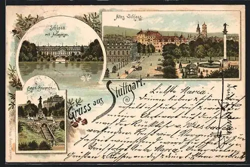 Lithographie Stuttgart, Der Eugen-Brunnen, das Schloss mit Anlagensee, das alte Schloss