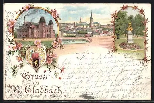 Lithographie M.-Gladbach, Kaiserbad, Kaiser Wilhelm Büste, Totalansicht