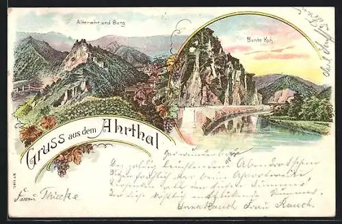 Lithographie Altenahr /Ahrthal, Panorama und Burg, Bunte Kuh