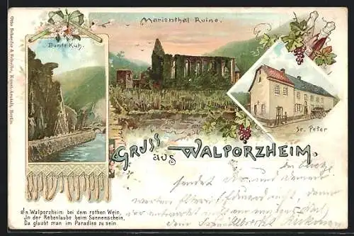 Lithographie Walporzheim, Marienthal Ruine, St. Peter, Bunte Kuh